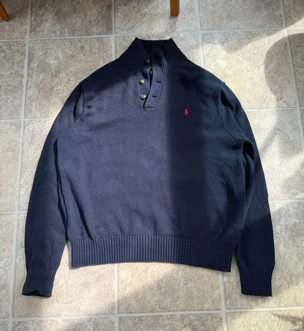 Polo Ralph Lauren Navy Blue Mock Neck Henley Knit Sweater